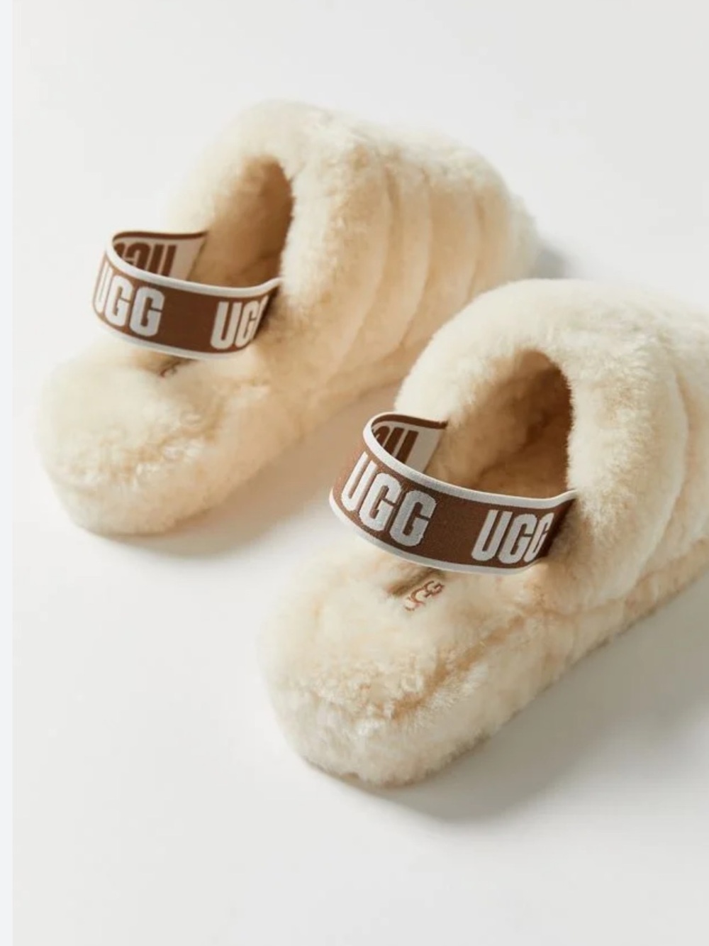 Baby UGG Cream Shearling Slide with Branded Brown Strap
